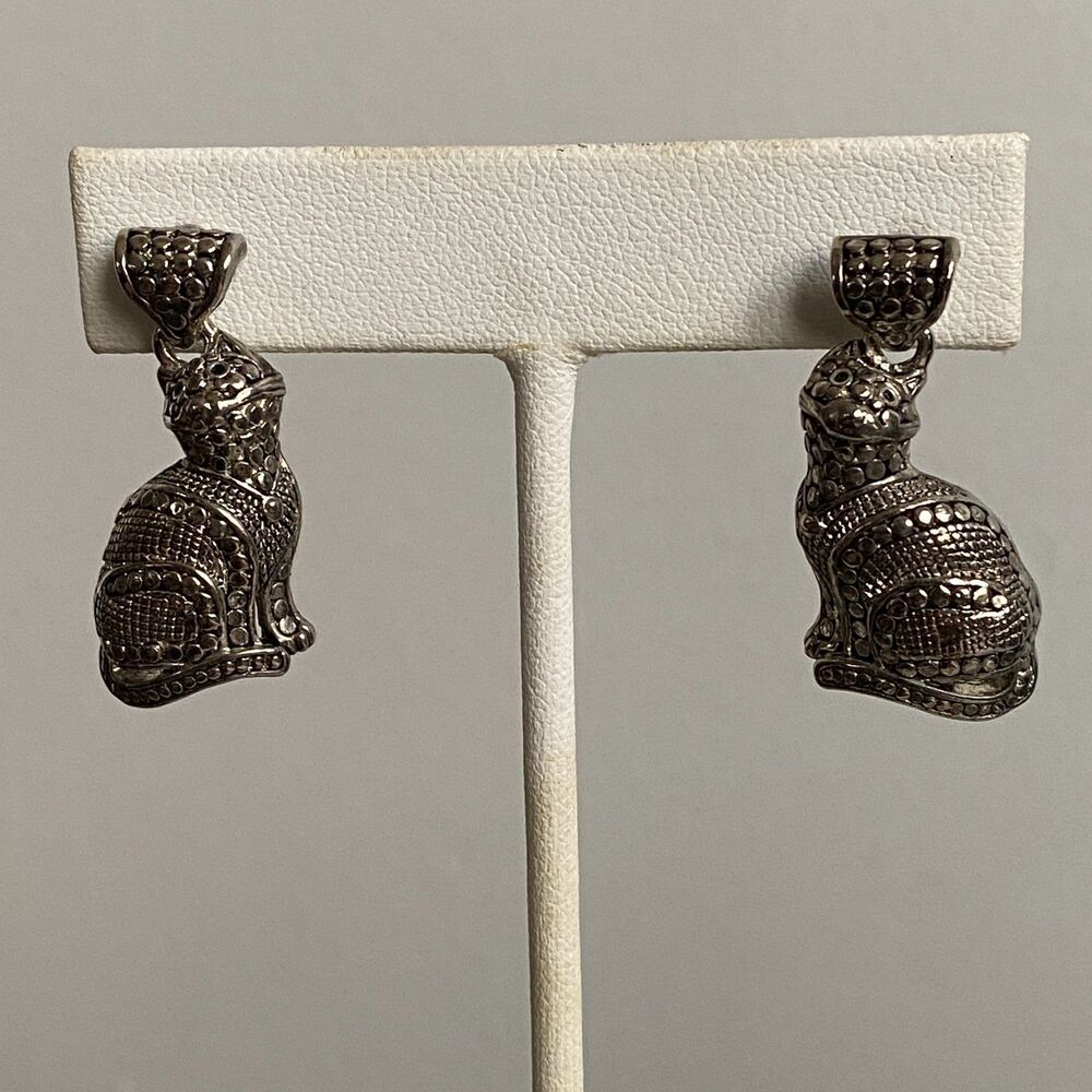 Vintage Unsigned Silver Tone Cat Drop Earrings, Pierced